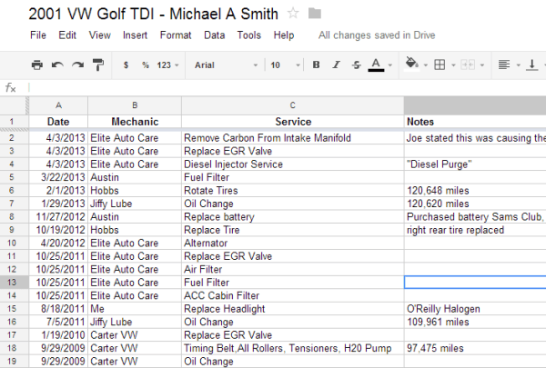 Car repair Spreadsheet Car repair Spreadsheet